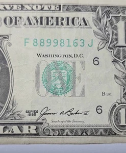 1985 Series $1 Federal Reserve Note Serial Number F 88998163 J - Picture 1 of 5