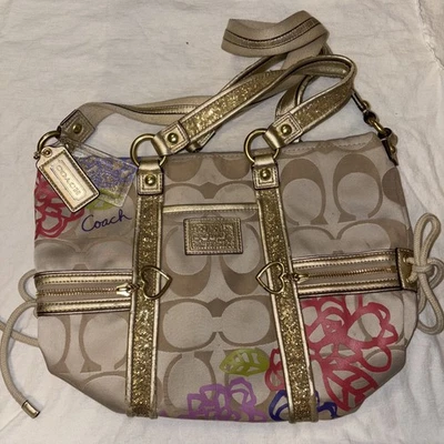 Rare COACH Daisy Poppy Applique Cross/Tote Gold Jacquard 2Way Purse - Image 1 of 4