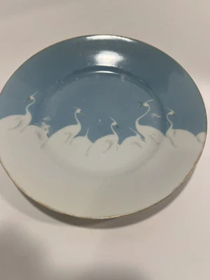 Antiguo plato de ensalada Nagoya Shofu Nippon grúa pintado a mano blanco azul años 20 Foto 1 de 3