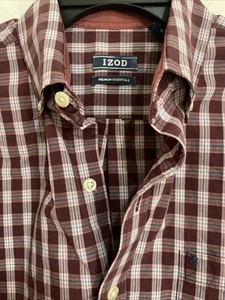 Izod Mens Med Premium Essentials Burgundy Plaid Button-Down Shirt Flip Cuff Gift - Picture 1 of 6