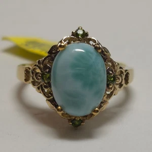 STS Larimar Cabochon & Diopside Yellow Gold Plated 925 Silver Ring Size 11 - Picture 1 of 14