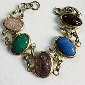 VTG Scarab Egyptian Revival Art Glass Bracelet -cracked, Secure Stone - Picture 1 of 8