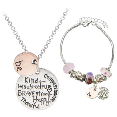 Juego de pulsera y collar con dije Glam & Glow "Sé amable, valiente, compasivo" Foto 1 de 4