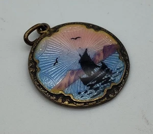 Vtg Enamel Boat Ship Mt. Scene Sterling Blue Pink Silver Cloisonne Pendant Charm - Picture 1 of 8