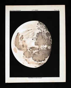 1892 Robert Ball Astronomy Map Print Moon 11th Day Waxing Gibbous Lunar Craters - Picture 1 of 4