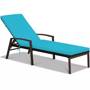 Adjustable Rattan Chaise Recliner Lounge Chair Patio Outdoor w/ Turquoise - Picture 1 of 5