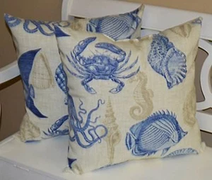 Set of 2 - In/Outdoor 20" Square Throw Pillows - Ivory, Tan, & Blue - 20" x 20" - Picture 1 of 1