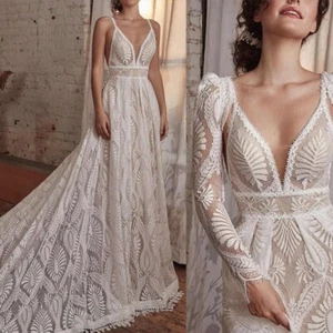 A Line Wedding Lace Dresses Backless V Neck Detachable Long Sleeves Sweep Train - Picture 1 of 14