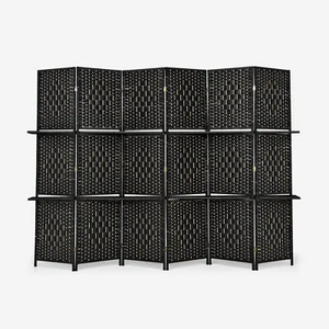 Folding 6-Panel Room Divider Weave Fiber Screen 6' Tall W/ 2 Display Shelves - Picture 1 of 8