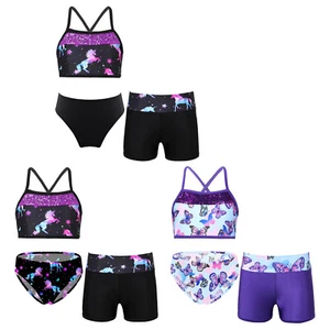 Girls Sport Swimsuit Cartoon Bathing Suit Swimwear Criss Cross Crop Top Briefs - Picture 1 of 39