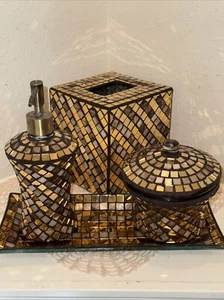 MCM Hand Applied Gold Glass And Abalone 4 Piece Bathroom Accessory Set Unique - Picture 1 of 24