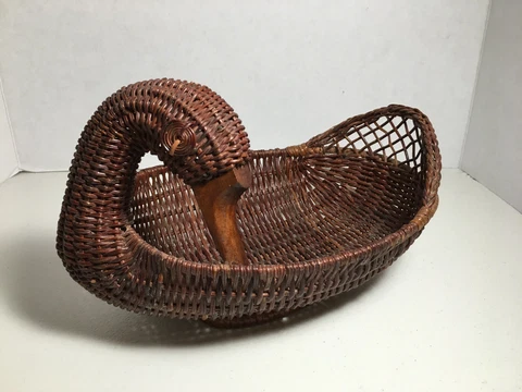 Vintage Duck Shaped Woven Rattan  & Wicker Basket 10”L Carved Wood Beak Cover