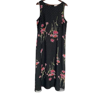 Vintage 90s Y2K Fashion Bug Maxi Sun Dress 16 Black Polka Dot Floral Cottagecore - Picture 1 of 5