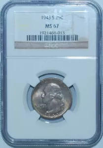 1943 S NGC MS67 Medium S FS-502 Washington Quarter - Picture 1 of 3