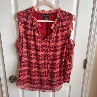 JNY Jones New York Sleeveless Blouse Ruffle Neckline Geometric Print XL - Image 1 of 4