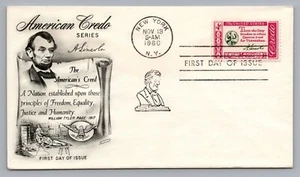 (a) 1960 FDC Abraham Lincoln The American's Creed Freedom Equality Justice #1143 - Picture 1 of 2