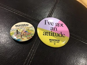Pair Of 2 Vintage Montreal Canada Buttons Pins 2.25 & 3.5" Big On Life Cityscape - Picture 1 of 4