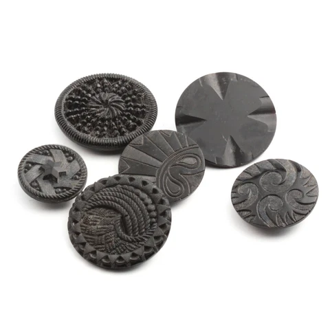 Lot (6) Antique Victorian Czech fabric design geometric black glass buttons Cover