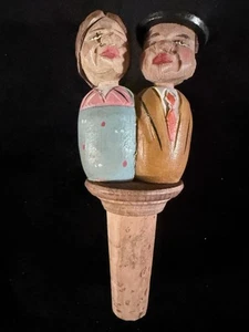 VINTAGE German Hand Carved Wood Mechanical Kissing Couple Cork Bottle Stopper - Picture 1 of 7