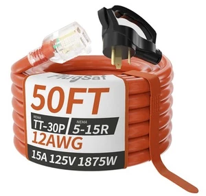 50 FT RV 30 Amp to 110 Adapter Extension Cord,12AWG 15Amp 125V 1875W - Bild 1 von 7
