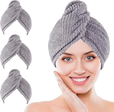 Envoltura de toalla de cabello de microfibra, paquete de 3 toallas suaves para secar el cabello (gris), gorro de ducha y cabello Foto 1 de 4