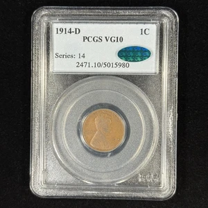 1914-D 1C VG10 Key Date Lincoln Cent - CAC Approved - Old PCGS Holder - Picture 1 of 4