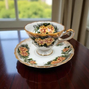 Royal Sealy Japan Yellow Rose Footed Tea Cup & Saucer Gold Trim Scalloped Edges - Picture 1 of 5
