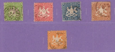 Germany, Wurttemberg. Scott #'s 34/36/37/39 & 40, 5 stamps 1863, MNG.  ST11 - Image 1 of 4