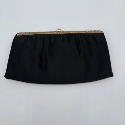 VTG Neiman Marcus Black Silk Clutch Purse Gold Trim Clasp W Coin Purse & Comb - Image 1 of 4