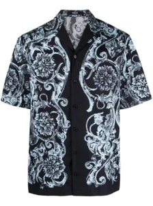 NWT Versace Barocco Stencil Logo Navy Button Down Camp Shirt Sz 48 US 15.5 $1450 - Picture 1 of 24