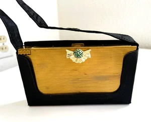 VOLUPTE Clutch Cosmetic Box Cigarette Compact Case Gold Green Rhinestone w Case - Picture 1 of 7