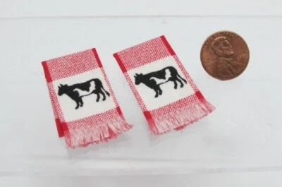 SERENDIPITY MINIATURES Dollhouse Miniature Kitchen Towel Set with Country Red Checker & Cows K1518
