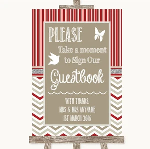 Cartel de boda personalizado rojo y gris invierno tómate un momento para firmar nuestro libro de visitas - Imagen 1 de 8