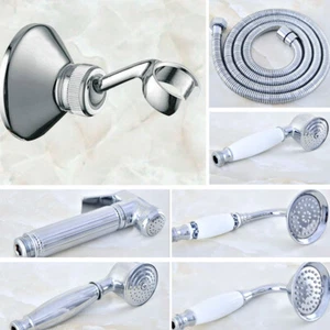 Polished Chrome Brass Handheld Shower Head Sprayer +1.5m Hose + Wall Bracket - Picture 1 of 16