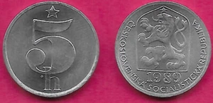 CZECHOSLOVAKIA 5 HALERU 1989 UNC CZECH LION WITH SOCIALIST SHIELD WITHIN SHIELD, - Picture 1 of 1