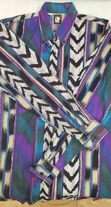Vintage Karman Mens Large Western Shirt USA MADE Geometric Blue Purple Black - Picture 1 of 11
