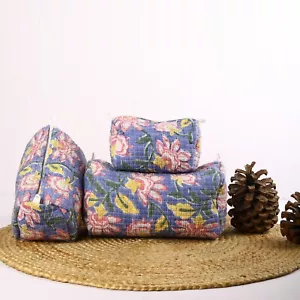 Blau Blumen 3er Set Blockdruck Kulturbeutel Geschenk für Sie Kosmetiktasche - Bild 1 von 8