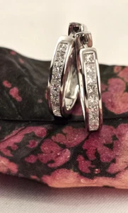14K Women's 1 Carat Diamond Earrings Princess Cut White Gold Hoops Brilliant - Picture 1 of 19