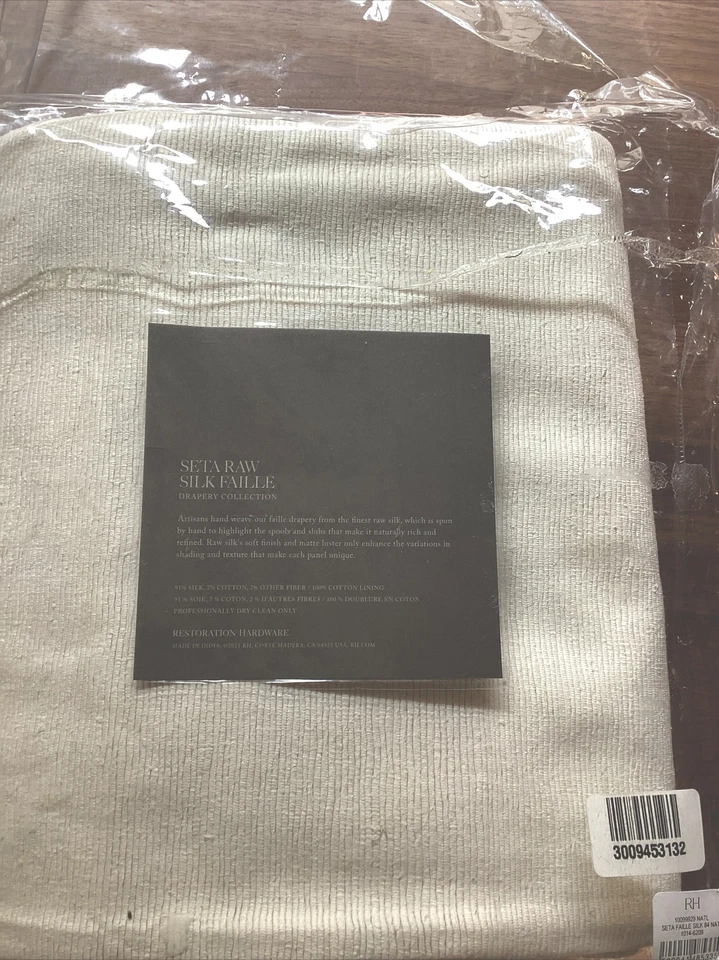 NEW Restoration Hardware Seta Raw Silk Faille Drapery RP 50"W x 96” Natural - Image 1 of 3