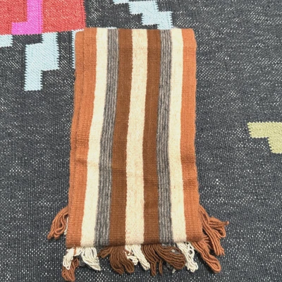 Ecuadorian 100% Wool Fringed Striped Scarf, Multi-Color Natural/Brown/Grey - Image 1 of 4