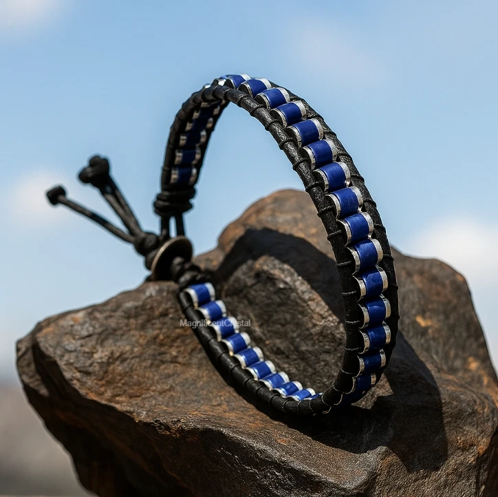 Винтажная мужская бижутерия браслет премиум-класса из натуральной хрустальной кожи с лазуритом - Изображение 1 из 4