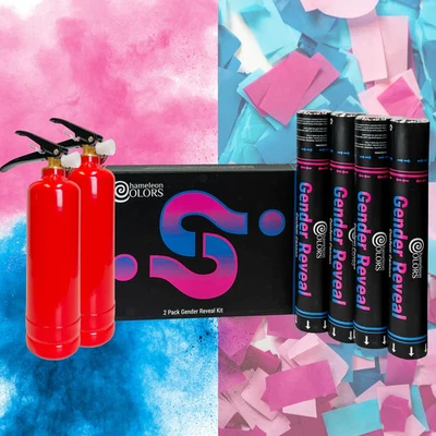 Gender Reveal Confetti Cannons & Extinguishers 2 Pink 2 Blue Set Party Baby - Image 1 of 4