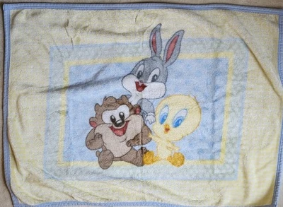 Vintage Looney Tunes Bugs Taz Tweety Baby Crib Blanket Yellow Blue - Image 1 of 4