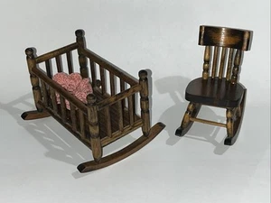 Vintage Miniature Wooden Dollhouse Jenny Lind Rocking Cradle and Rocking Chair - Picture 1 of 23