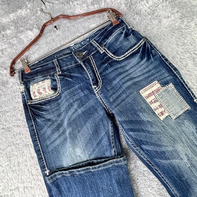 Womens Cowgirl Tuff Co W28 L31 Blue Distressed Patched Americana Bootcut Jeans - Image 1 of 4