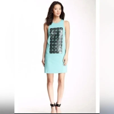 Tibi Mod Turquoise Shift Dress Sleeveless Faux Leather Geometric Cutaway 6 Midi - Image 1 of 4