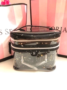 Victoria's Secret 4er-Set Kosmetik-Reiseetuis Stern schwarz Leder & transparent neu mit Etikett - Bild 1 von 4