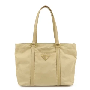 PRADA Triangle Logo Nylon Saffiano Leather Tote Bag Beige BR2311 Auth Used F/S - Picture 1 of 24