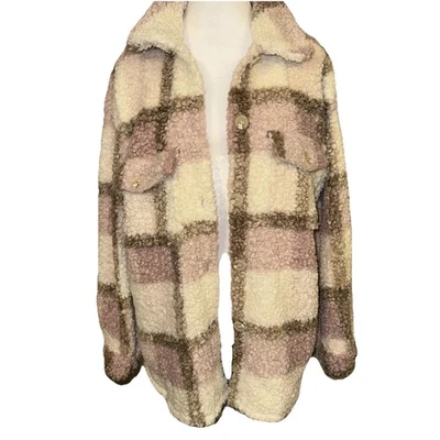Pink Lily Button Up Jacket Pink Beige Plaid Lined Faux Fur Artsy Colorful Coat - Image 1 of 4