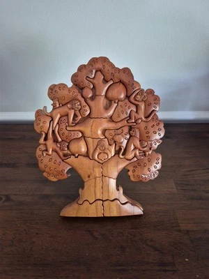 Quebra-cabeça de madeira macacos em uma árvore suporte de exibição art déco caixa original vintage  - Imagem 1 de 4
